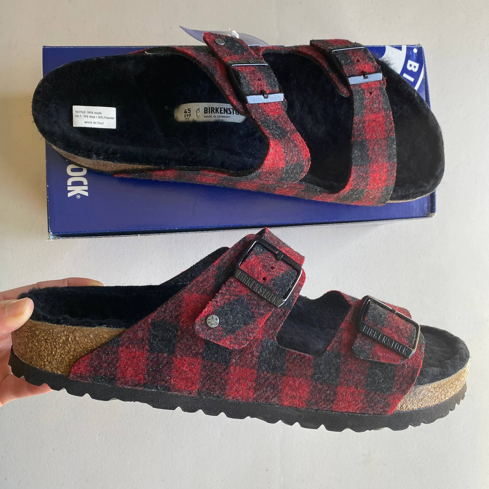 Birkenstock Arizona Shearling Sandal Black and Red Plaid Shoe Mens 10-10.5 EU43